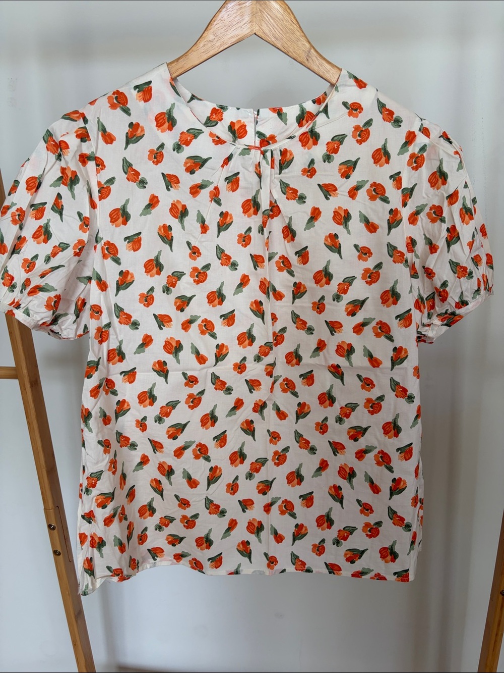 White Floral Short Sleeve Blouse with Orange Tulip Print